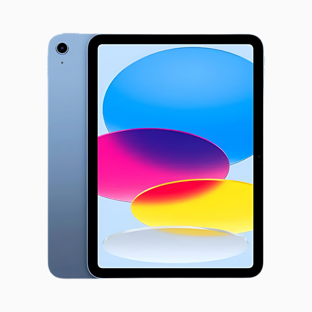 iPad 10th Gen tablet in blue showing colorful display screen with thin bezels