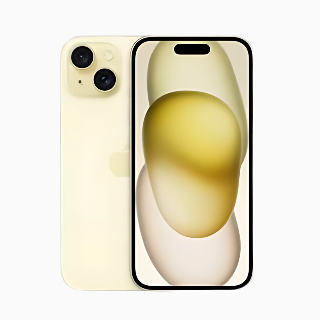 Iphone 15 plus jaune pâle avec double caméra arrière et écran bord à bord affichant des formes abstraites