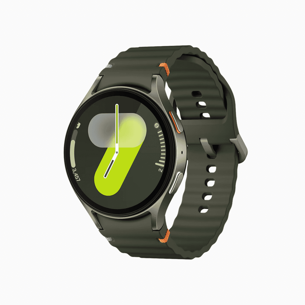 Samsung Galaxy Watch 7 in green with round display and fitness tracking features