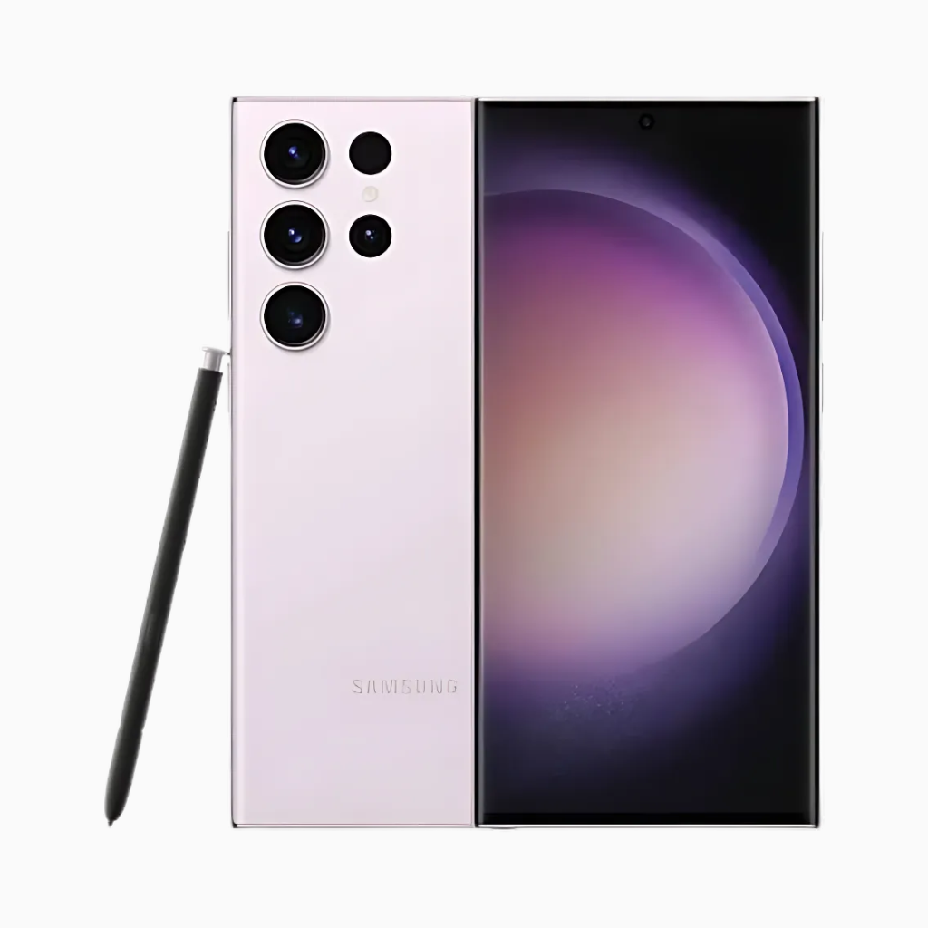 Smartphone Samsung S23 Ultra en rose avec stylet S Pen et écran élégant