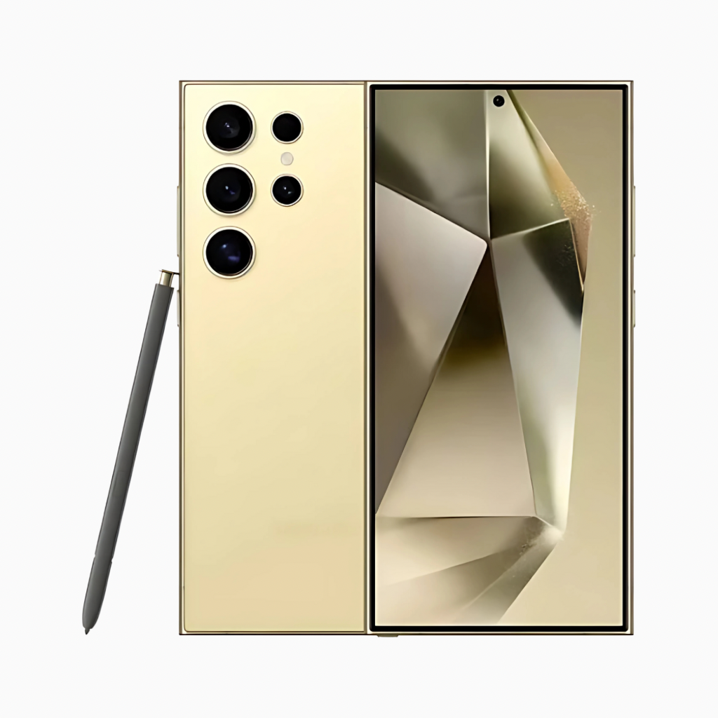 Samsung S24 Ultra smartphone in gold with pen and large display showcasing stunning design