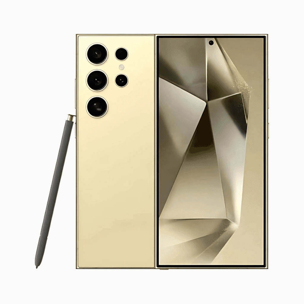 Samsung S24 Ultra smartphone in gold with pen and large display showcasing stunning design