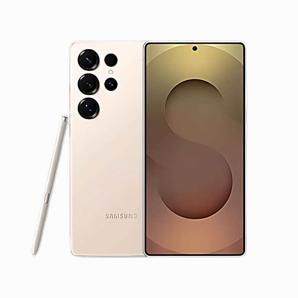 Samsung S25 Ultra smartphone in white with S Pen, showcasing a sleek design and large display