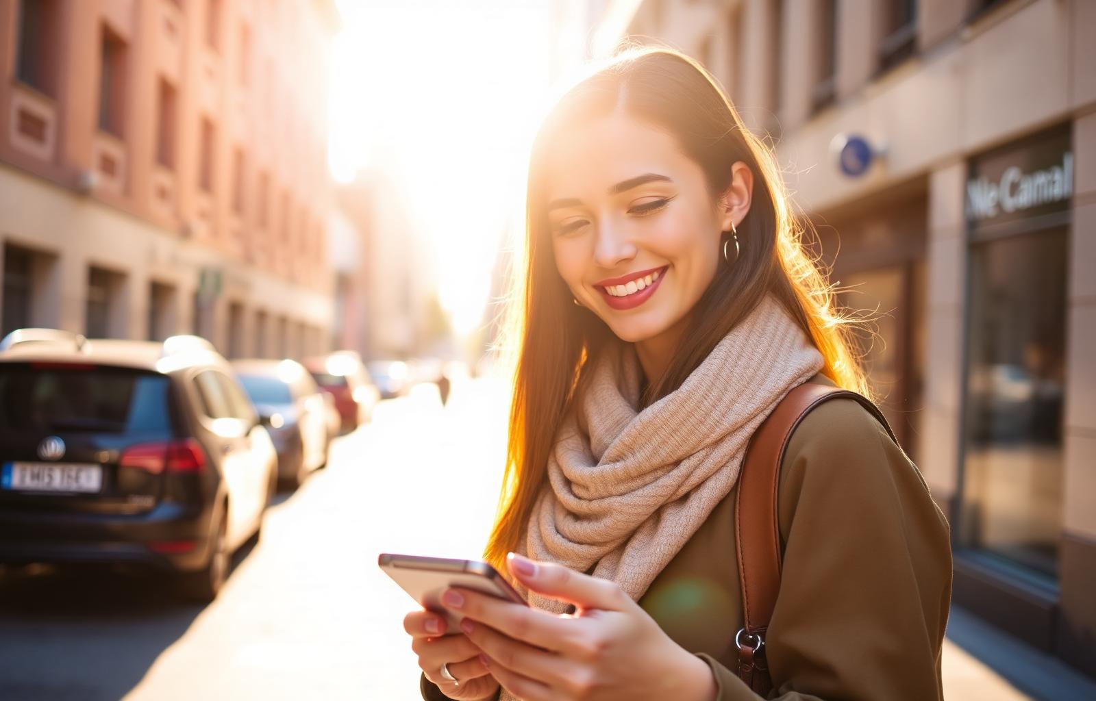 Cliente souriante utilisant son smartphone reconditionné