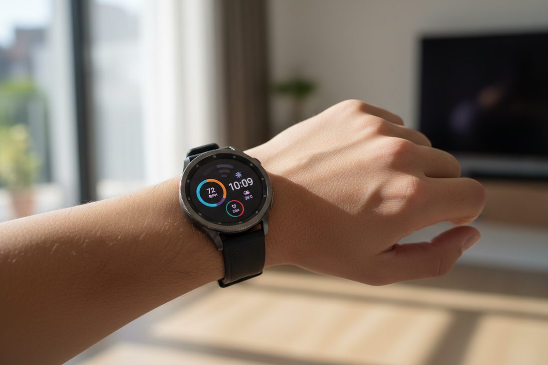 Montre connectée samsung galaxy watch 7 affichant l’heure et les données de santé au poignet d’un utilisateur