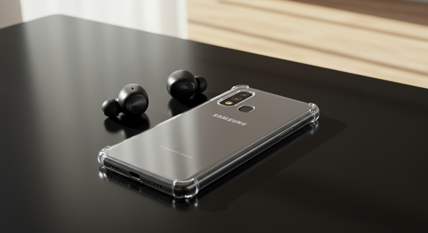Samsung A15 with a clear protective case and black wireless earbuds on a sleek table