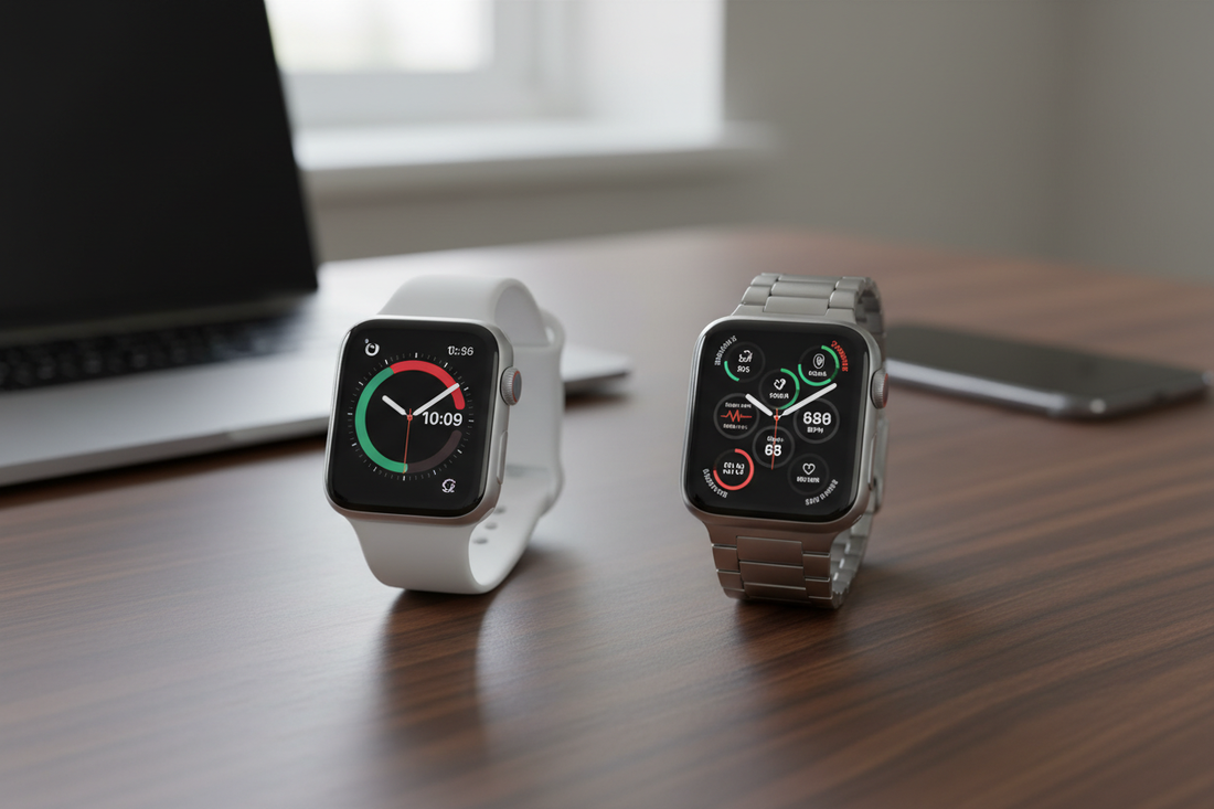 Deux modèles de watch SE élégants posés sur un bureau, parfaits pour étudiants et amateurs de technologie