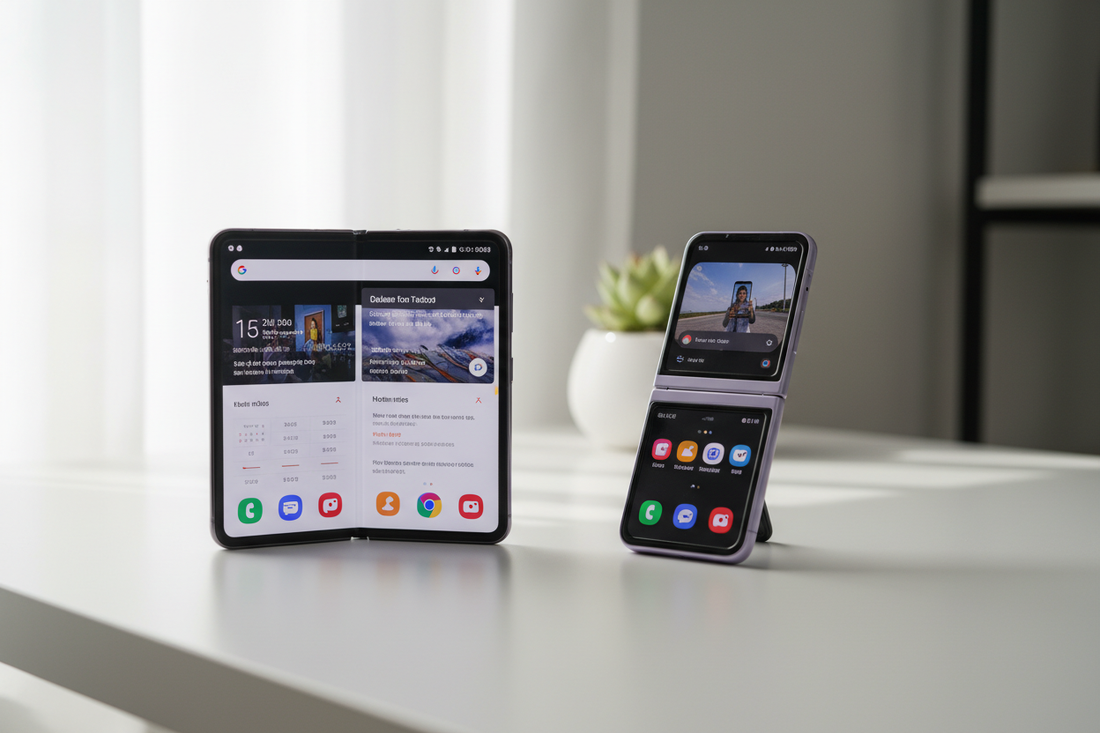 Deux smartphones pliables sur une table illustrant le comparatif smartphones Samsung 2024 pour bien choisir