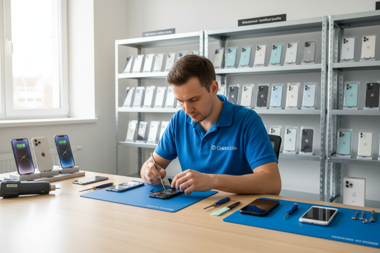 Technicien inspectant un iphone reconditionné dans un atelier, garantie de qualité et économies pour étudiants