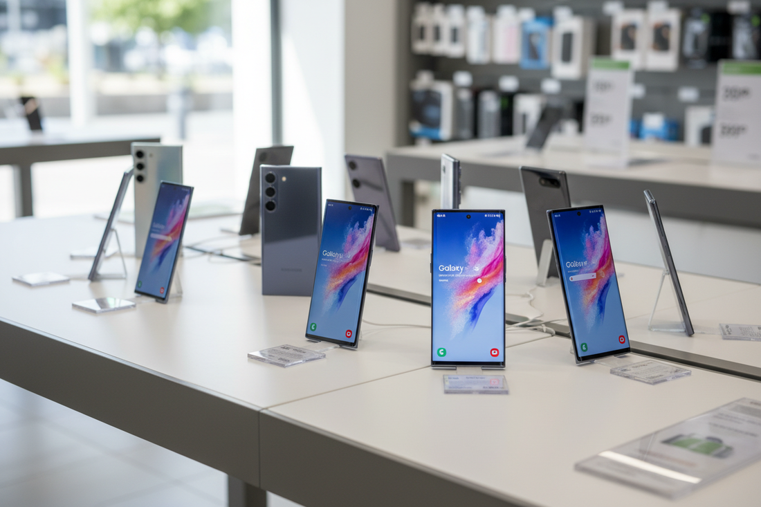 Smartphones samsung galaxy exposés en magasin pour comparer les modèles et trouver la meilleure offre