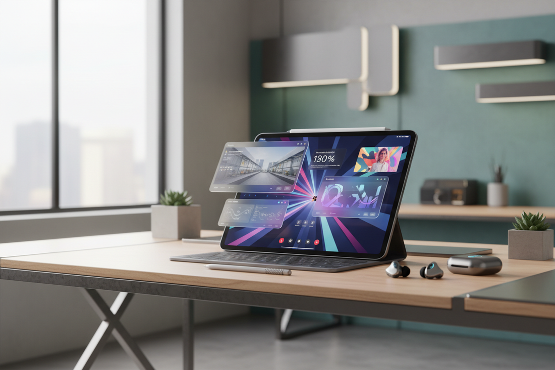 iPad Pro 2026 affichant des widgets interactifs sur un bureau moderne, idéal pour étudiants et passionnés de technologie