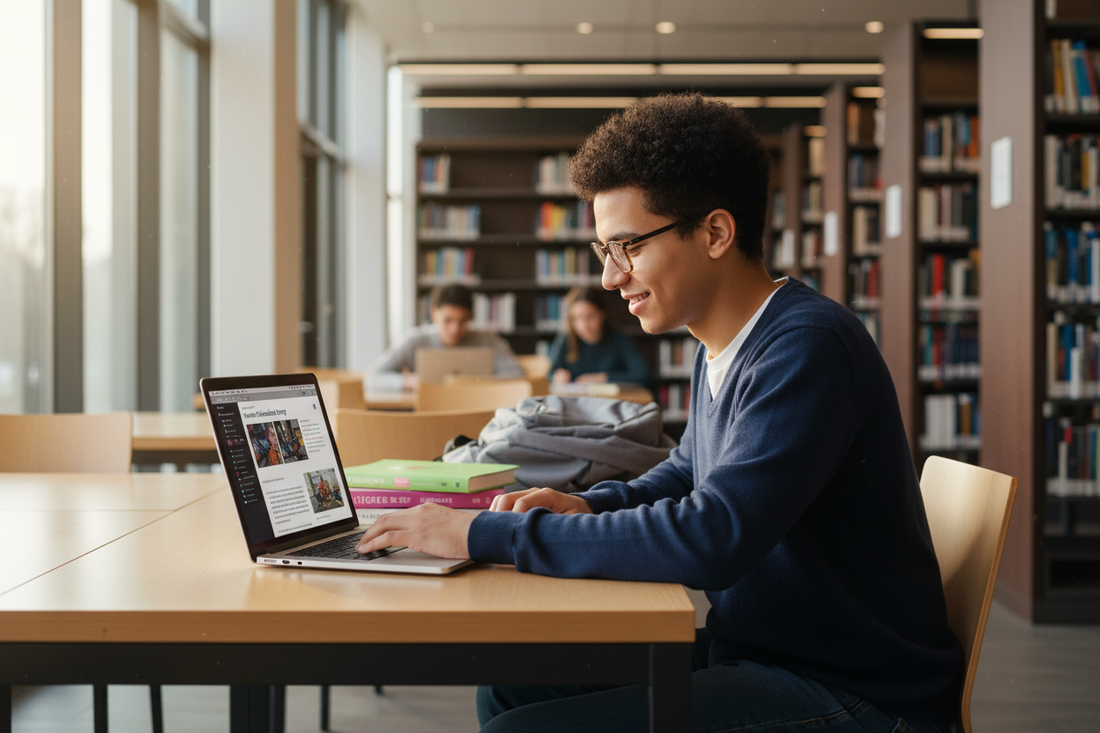 Étudiant travaillant sur un MacBook Air M2 pour étudiants dans une bibliothèque moderne, idéal pour réussir ses études