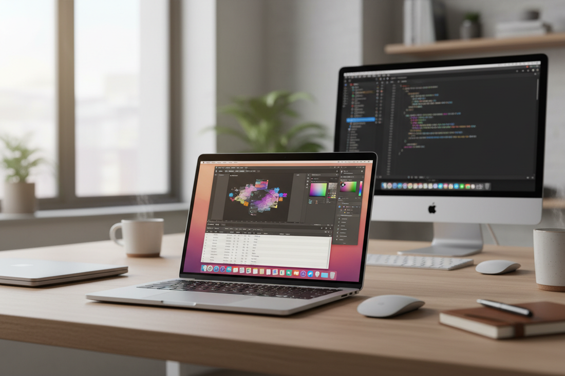 Bureau moderne avec MacBook Pro, idéal pour choisir MacBook Pro adapté aux étudiants et passionnés de technologie
