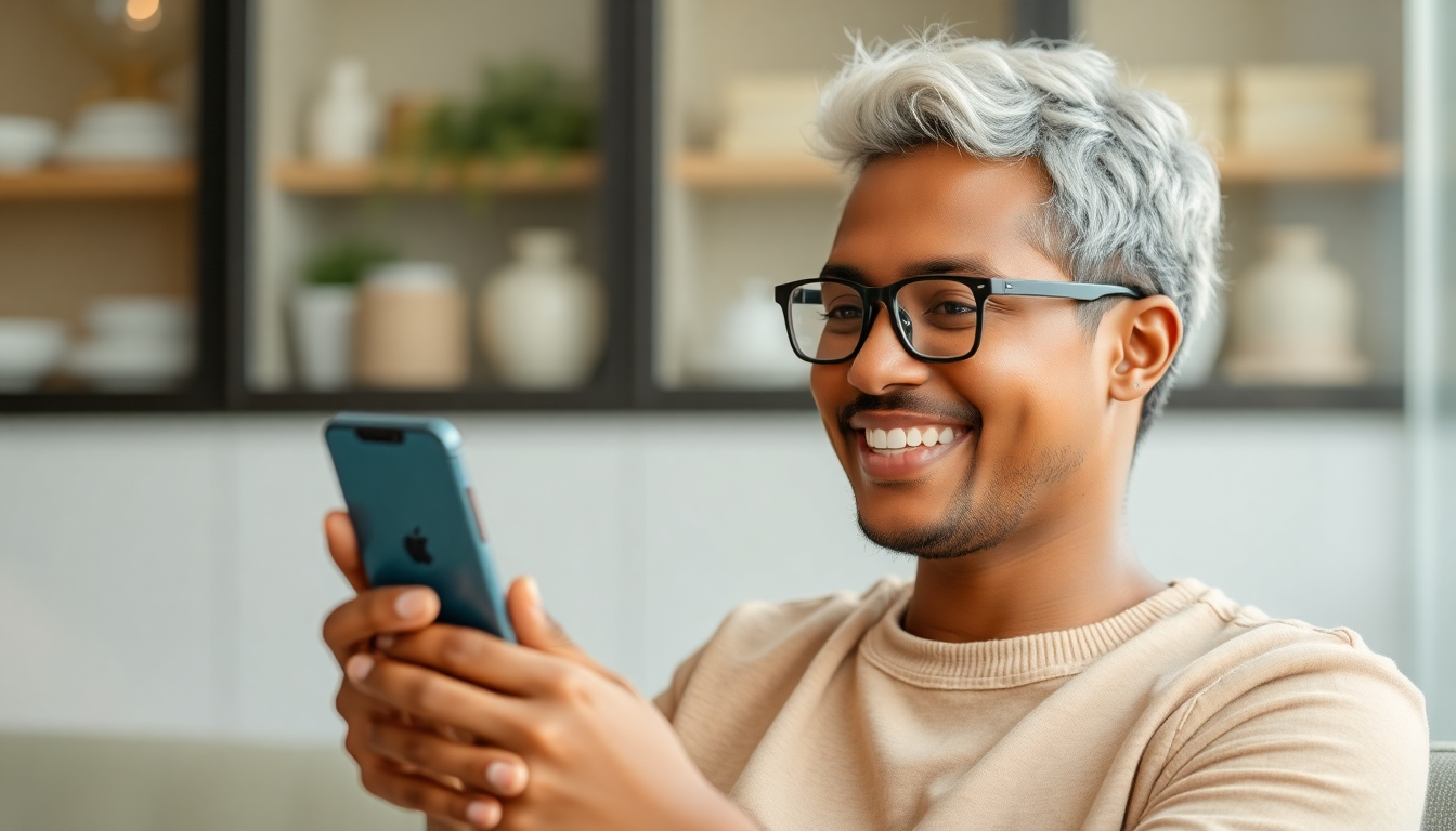 Person enjoying the benefits of certified refurbished devices while using a smartphone indoors