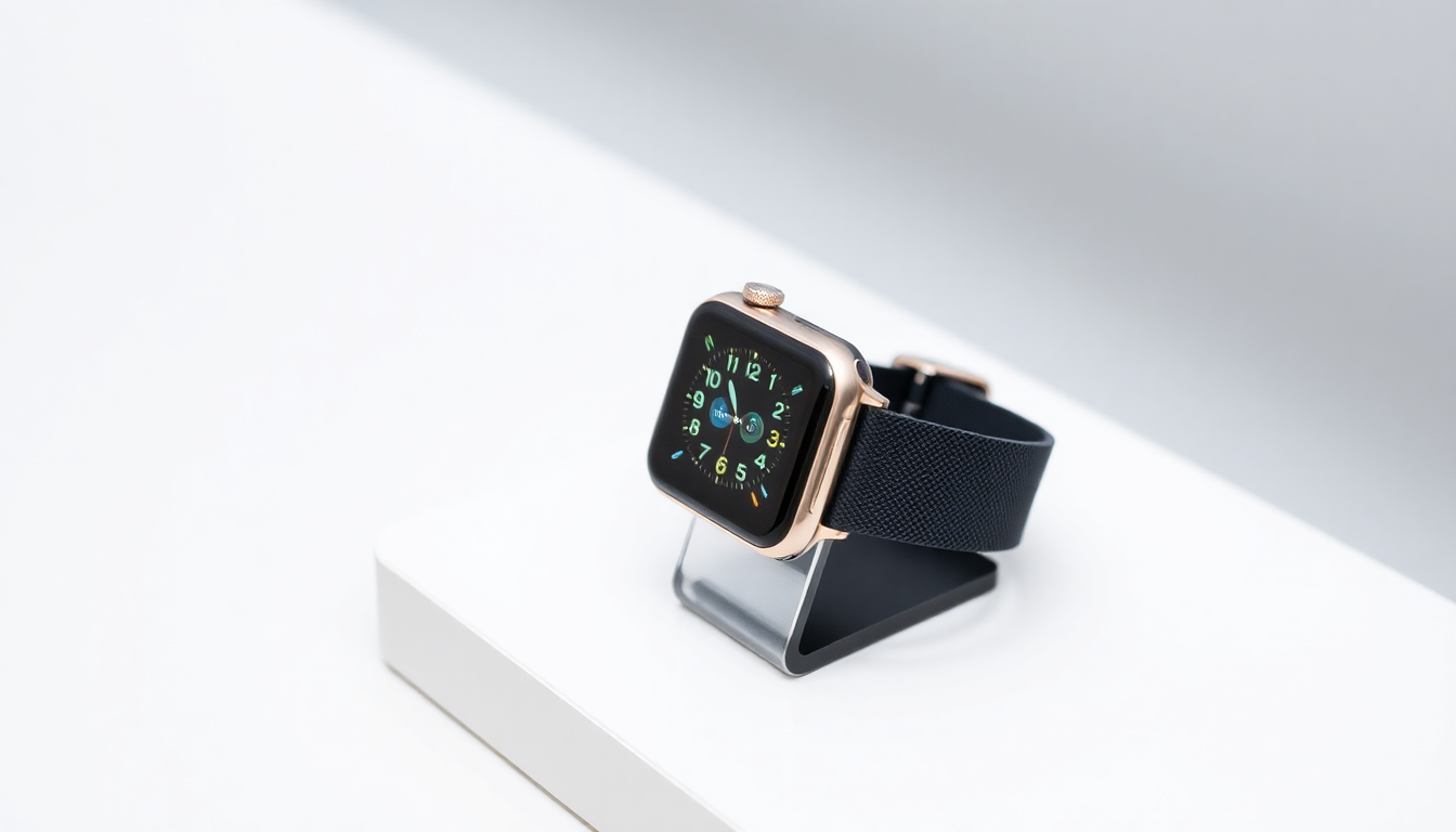 A certified refurbished Apple Watch on a sleek display stand