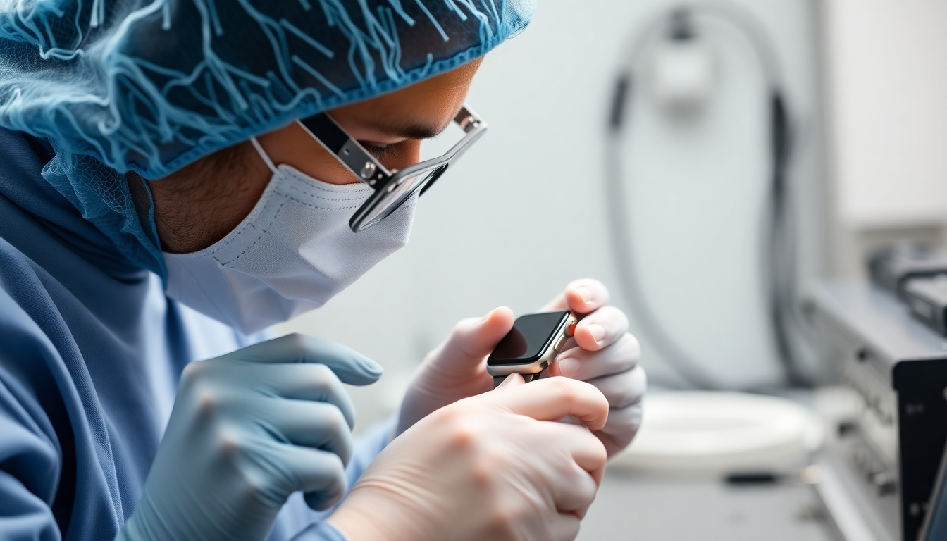 Technician inspecting a refurbished Apple Watch closely