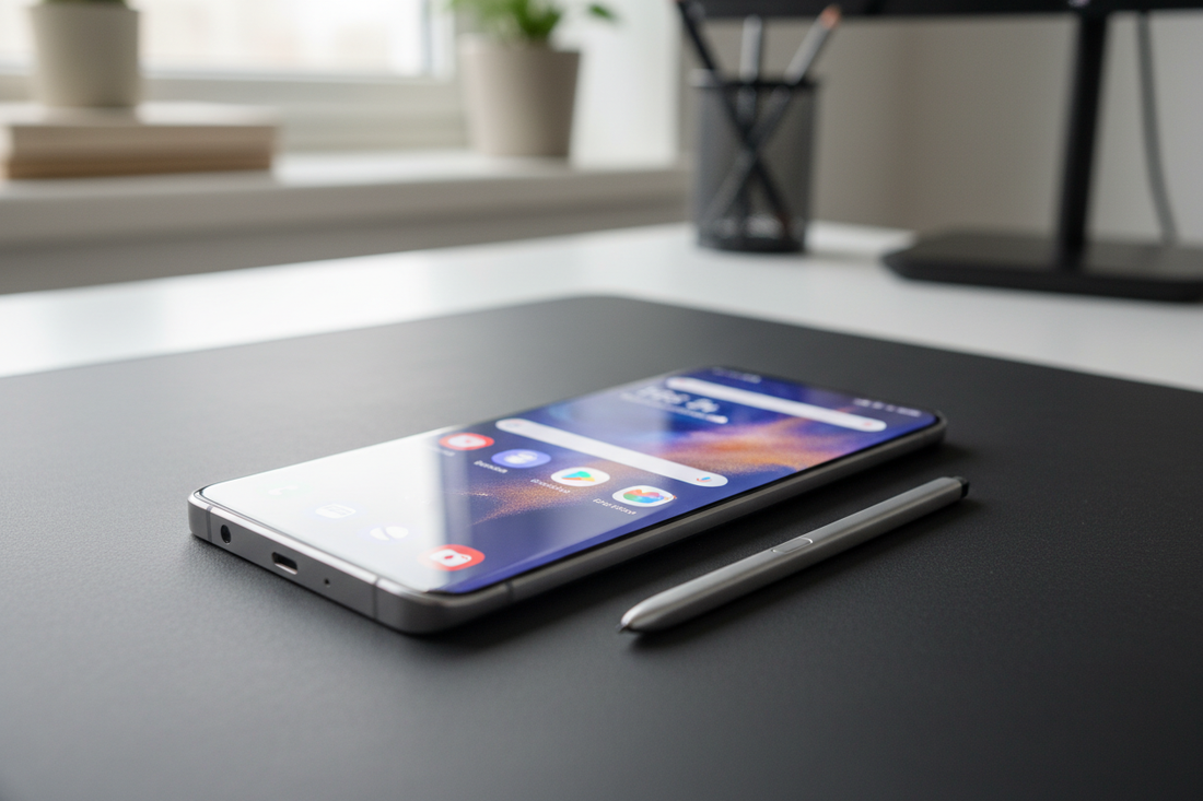 Samsung S24 Ultra avis avec stylet sur un bureau moderne, aperçu design et fonctionnalités pour étudiants