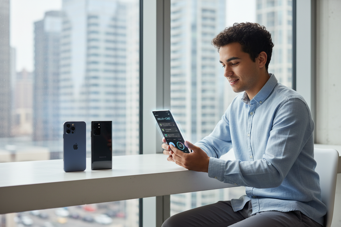 Jeune homme explorant les nouveautés des smartphones IA 2026 dans un bureau moderne