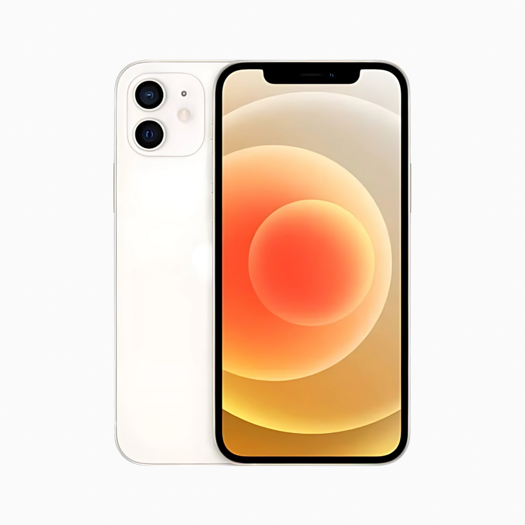 Smartphone iPhone 12 blanc affichant un écran avec un fond orange et jaune