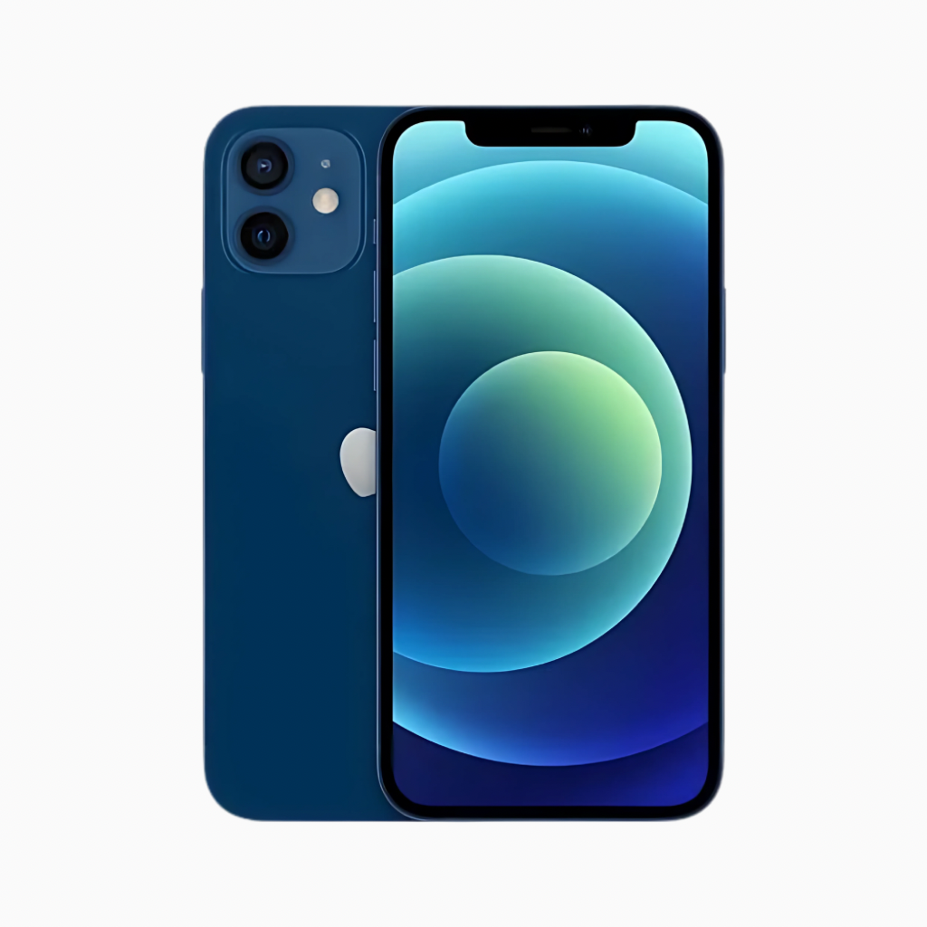 Smartphone iPhone 12 bleu de CoinMobile affichant écran et double caméra arrière