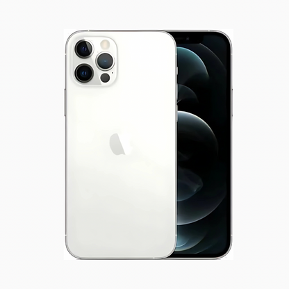 Smartphone iPhone 12 Pro Max blanc avec triple caméra arrière présenté par CoinMobile