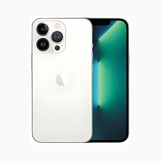 Smartphone iPhone 13 Pro blanc avec triple caméra arrière et écran lumineux par CoinMobile