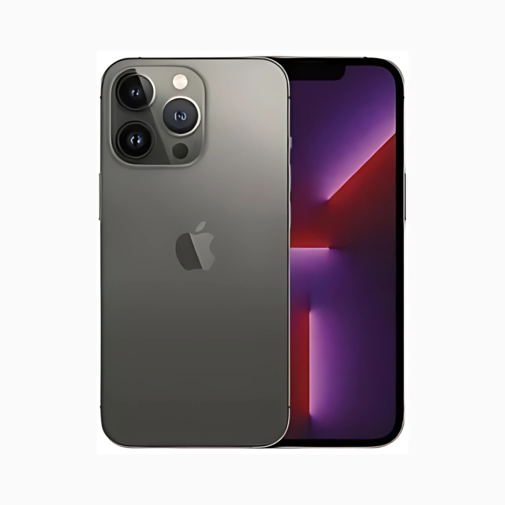 Smartphone iPhone 13 Pro CoinMobile gris avec écran allumé et triple caméra arrière