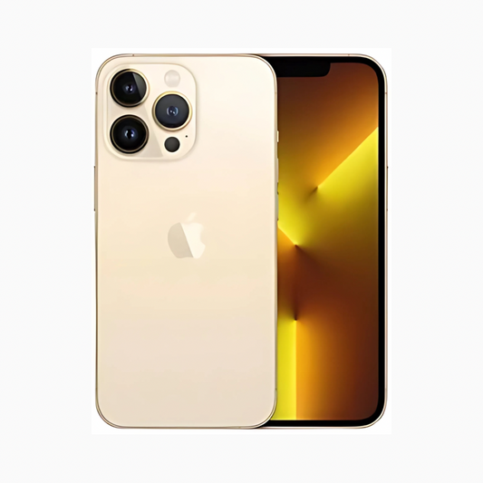iPhone 13 Pro couleur or avec triple caméra arrière et écran affichant un fond lumineux