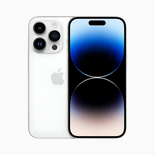 iPhone 14 Pro Max blanc vue avant et arrière avec écran affichant un dégradé bleu et blanc