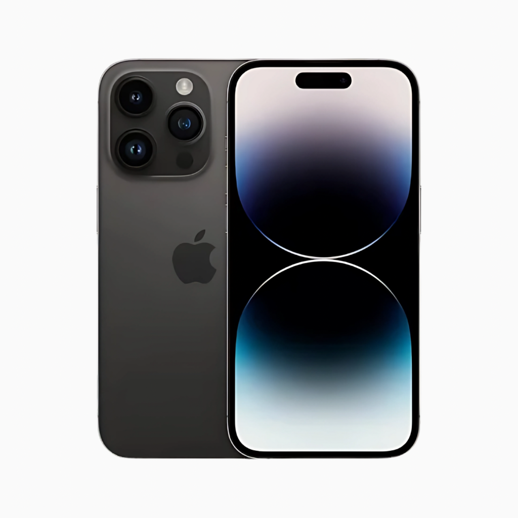Smartphone iPhone 14 Pro Max noir affichant l'écran allumé et la triple caméra arrière