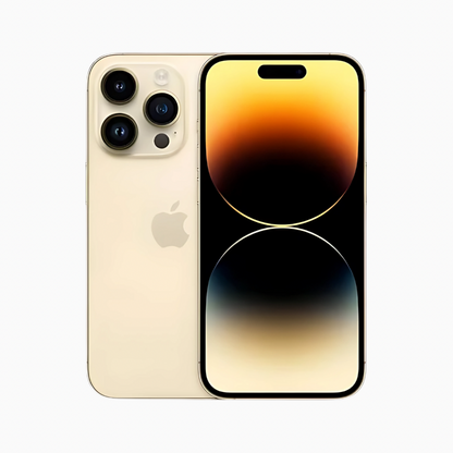 Smartphone iPhone 14 Pro Max couleur or avec triple caméra arrière et écran bord à bord affichant un dégradé lumineux