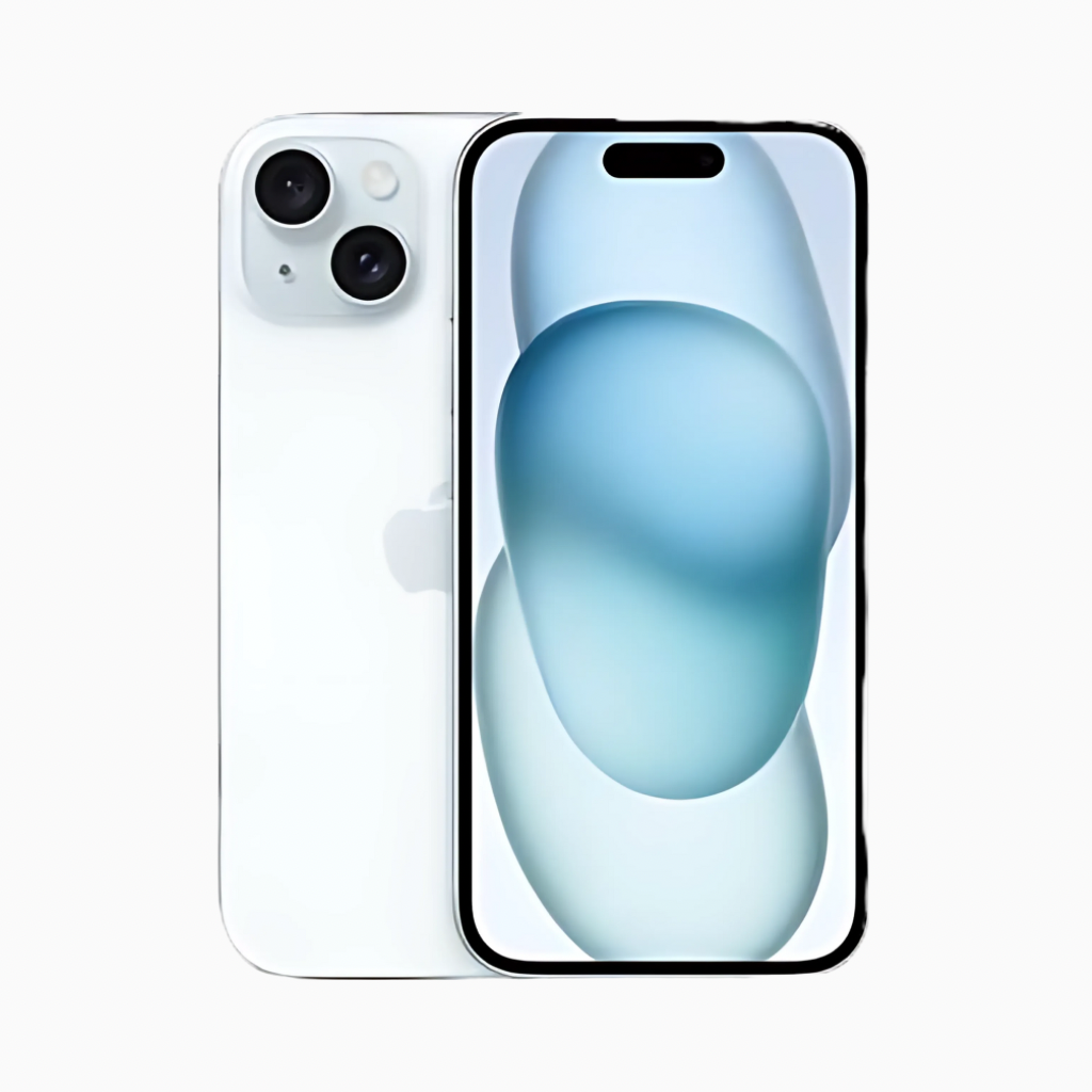 Smartphone Iphone 15 plus blanc de CoinMobile affichant l'écran avant et les caméras arrière