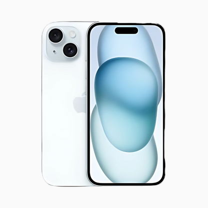 Smartphone Iphone 15 plus blanc de CoinMobile affichant l'écran avant et les caméras arrière