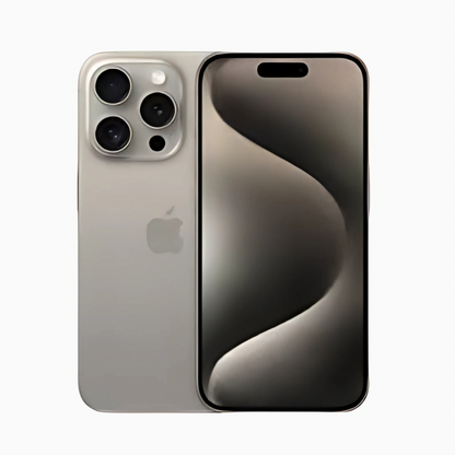 Iphone 15 Pro Max argent vu de face et de dos montrant triple caméra et écran bord à bord