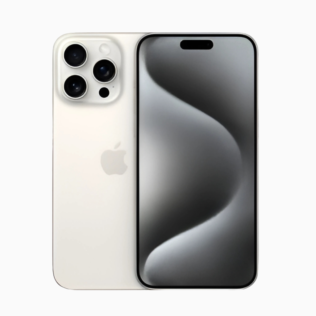 Smartphone Iphone 15 Pro Max blanc vu de face et dos avec triple caméra chez CoinMobile