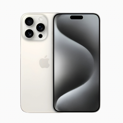 Smartphone Iphone 15 Pro Max blanc vu de face et dos avec triple caméra chez CoinMobile