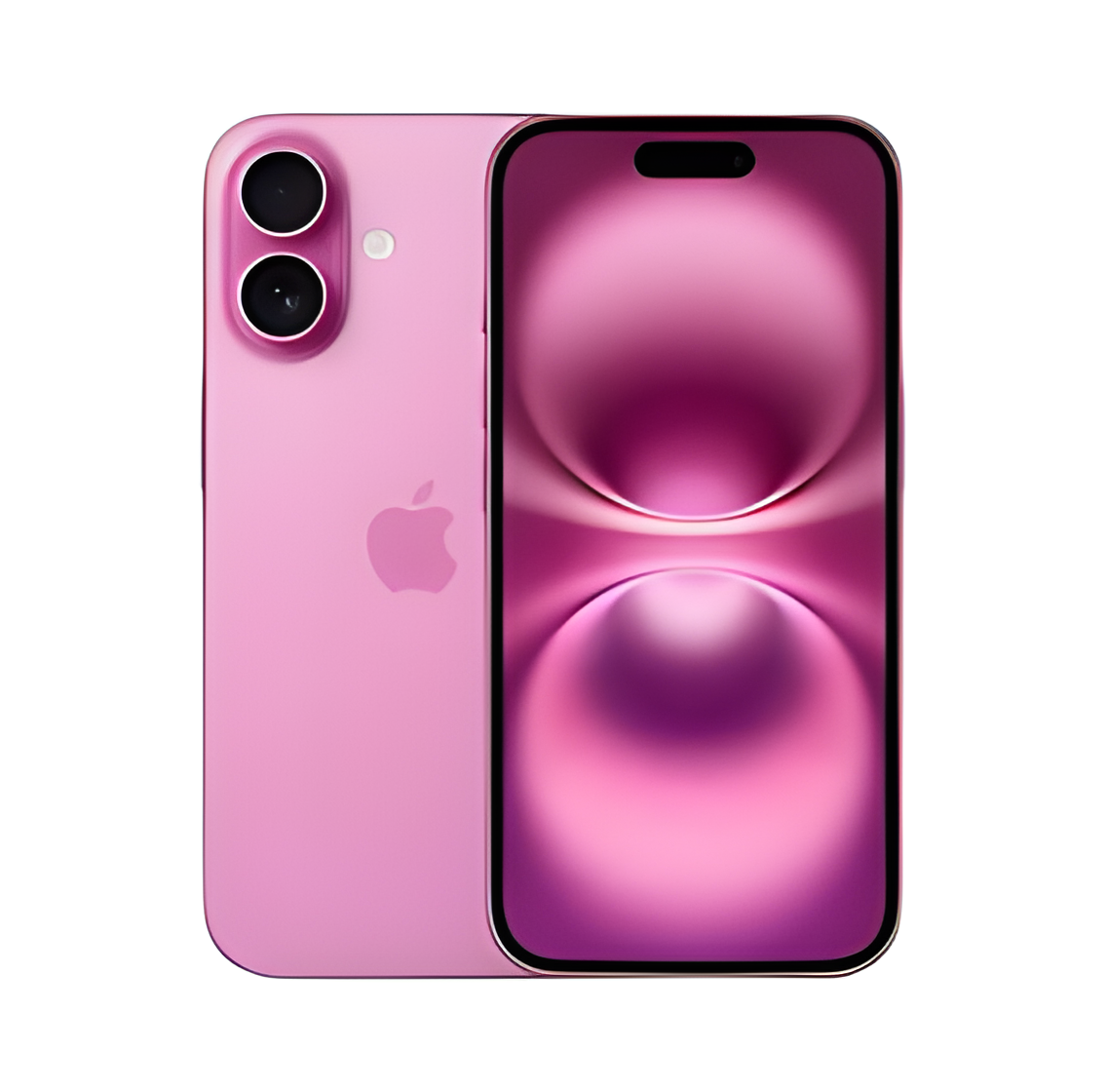 Iphone 16 Plus rose avec double caméra arrière et grand écran lumineux affichant un fond d'écran violet