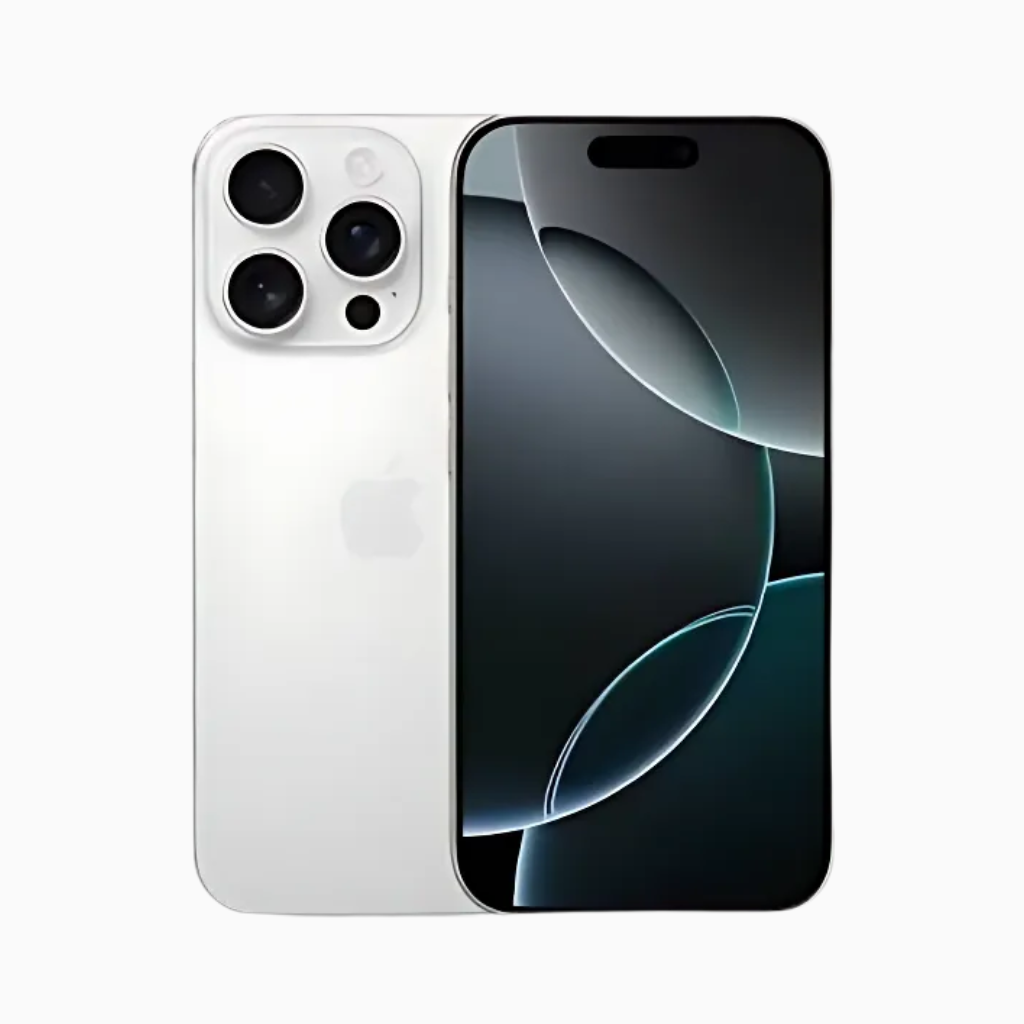 Smartphone iPhone 16 Pro Max blanc vu de face et dos avec triple caméra haute performance