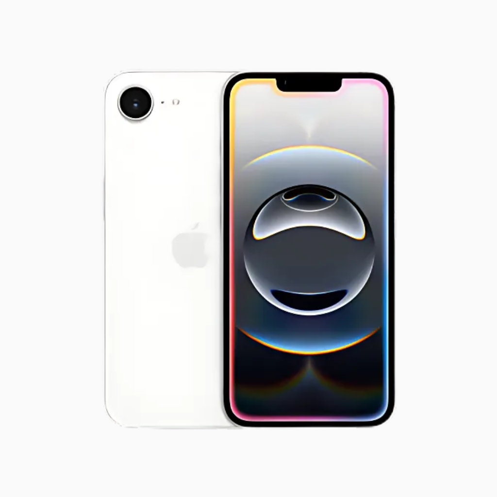 Smartphone iPhone 16E blanc de CoinMobile affichant un écran lumineux avec caméra arrière unique