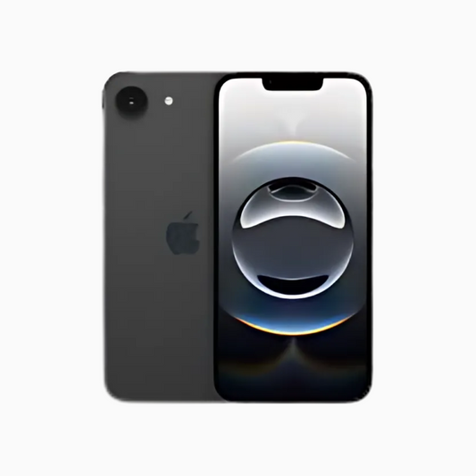 Smartphone iPhone 16E CoinMobile en noir avec écran bord à bord et caméra arrière unique