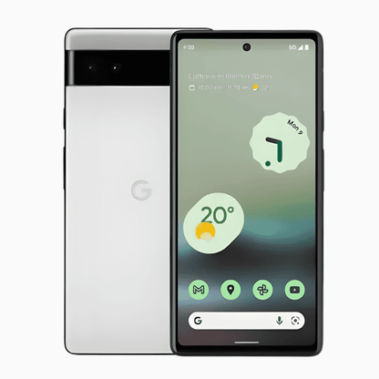 Téléphone Google Pixel 6a en blanc avec écran tactile et interface utilisateur moderne