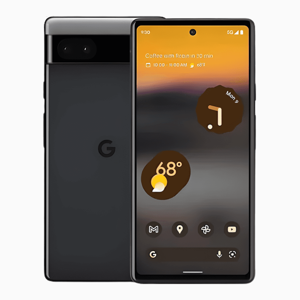 Smartphone Google Pixel 6a avec écran tactile et affichage de l'heure et de la météo