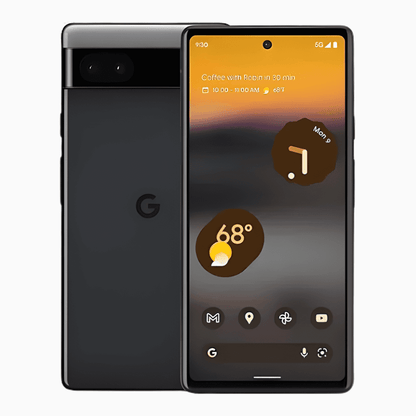 Smartphone Google Pixel 6a avec écran tactile et affichage de l'heure et de la météo