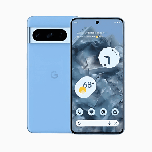 Téléphone intelligent CoinMobile Pixel 8 Pro en bleu avec écran affichant des icônes et des informations météo