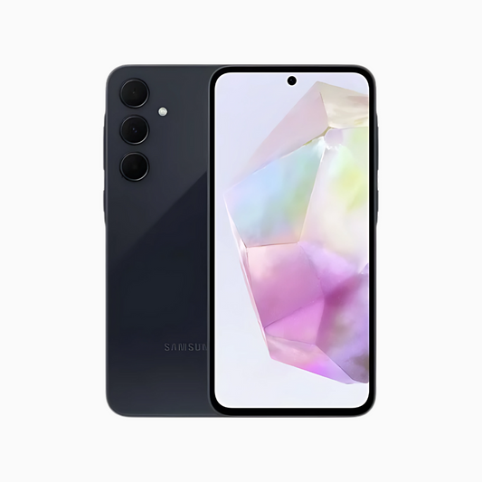 Samsung Galaxy A35 5G smartphone front and back view in black with triple rear cameras by CoinMobile