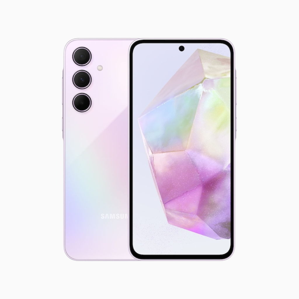 Samsung Galaxy A35 5G smartphone front and back view with triple camera in pastel color