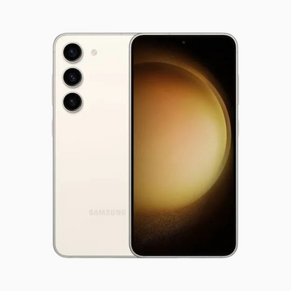 Smartphone Samsung S23 en couleur crème avec trois objectifs photo et écran AMOLED