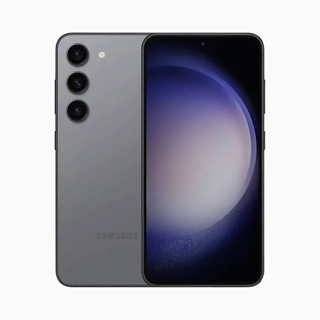 Smartphone Samsung S23 en gris, affichant un design moderne et un écran tactile de haute qualité