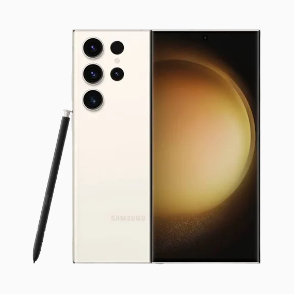 Smartphone Samsung S23 Ultra en blanc avec S Pen intégré et écran élégant