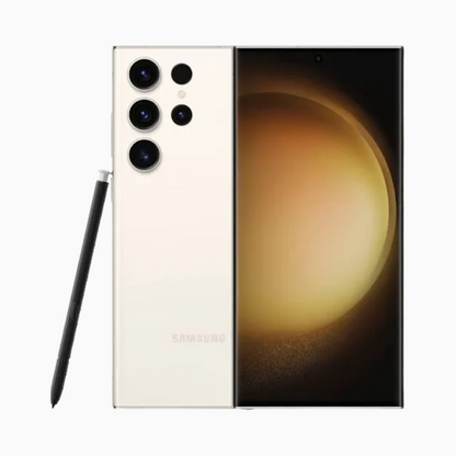 Smartphone Samsung S23 Ultra en blanc avec S Pen intégré et écran élégant